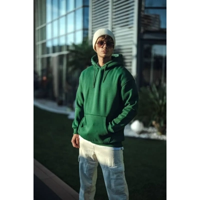 Erkek 3 İplik Pamuklu Kapüşonlu Basic SweatShirt Hoodie - Haki