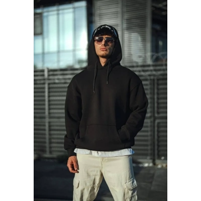 Erkek 3 İplik Pamuklu Kapüşonlu Basic SweatShirt Hoodie - Siyah
