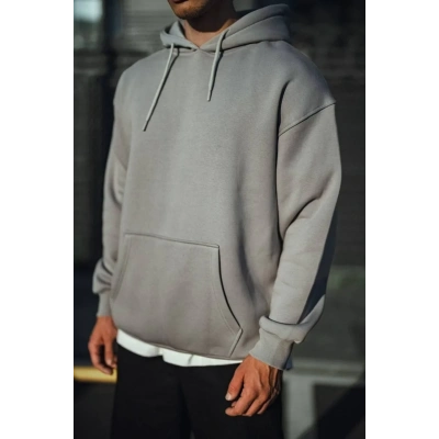 Erkek 3 İplik Penye Kapüşonlu Basic SweatShirt Hoodie - Boyalı Gri
