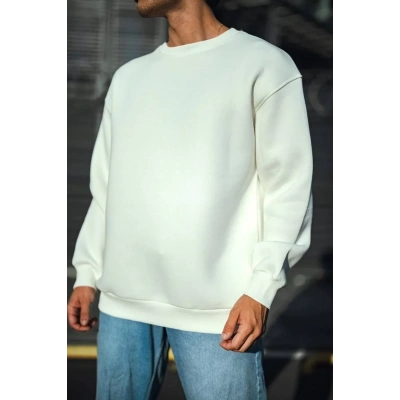 Erkek  Bisiklet Yaka 3 İplik Pamuklu Basic SweatShirt - Beyaz