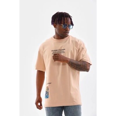 Erkek  Bisiklet Yaka Baskılı Oversize T-Shirt - Bej