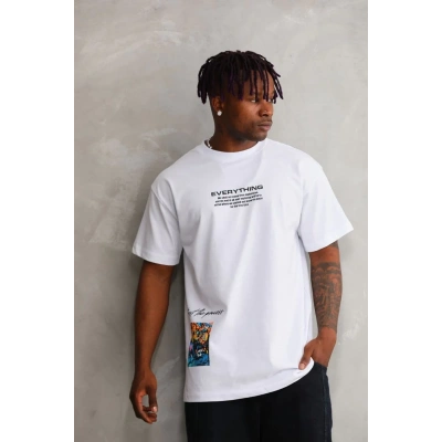 Erkek Bisiklet Yaka Baskılı Oversize T-Shirt - Beyaz