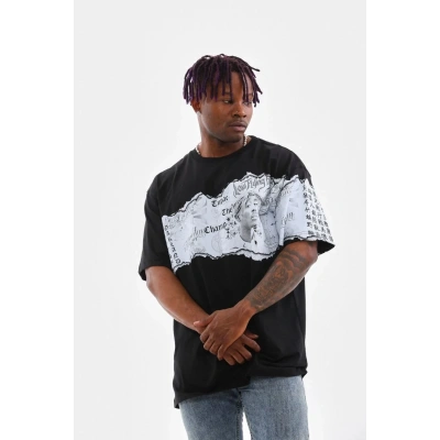 Erkek  Bisiklet Yaka Baskılı Oversize T-Shirt - Siyah