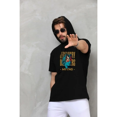 Erkek Kapüşonlu Kolsuz Oversize Baskılı Tişört - Siyah