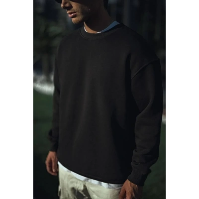 Erkek pamuklu Bisiklet Yaka 3 İplik Basic SweatShirt - Siyah