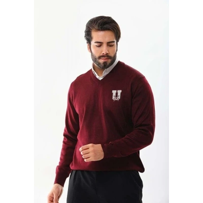 Erkek V Yaka Kazak Baskılı Dokuma Triko - Bordo