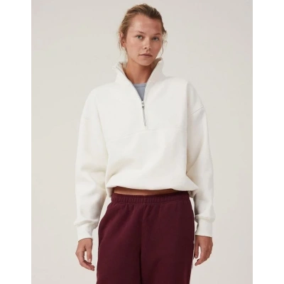 Kadın 3 İplik Pamuklu Oversize Yarım Fermuarlı Yakalı Basic Sweatshirt - Beyaz