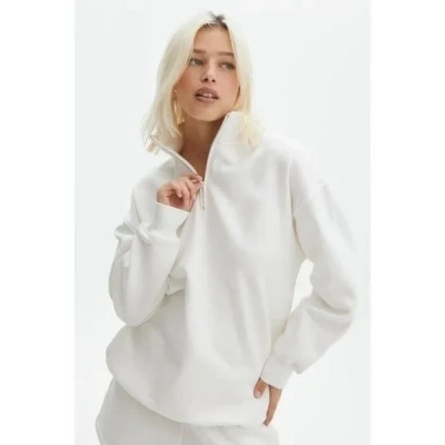Kadın 3 İplik Pamuklu Oversize Yarım Fermuarlı Yakalı Basic Sweatshirt - Beyaz