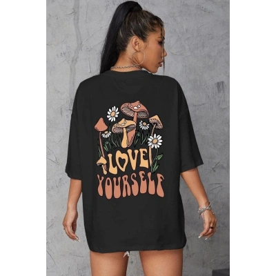 Kadın Baskılı Oversize kısa kol T-Shirt - Siyah