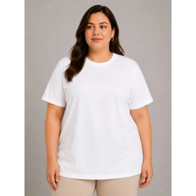 Kadın Battal Big Size Basic Tişört Bisiklet Yaka Rahat Kalıp T-Shirt - Beyaz