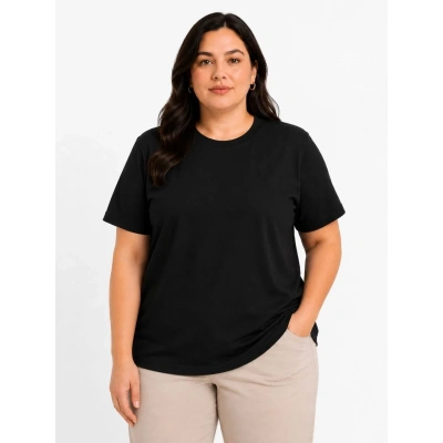 Kadın Battal Big Size Basic Tişört Bisiklet Yaka Rahat Kalıp T-Shirt - Siyah
