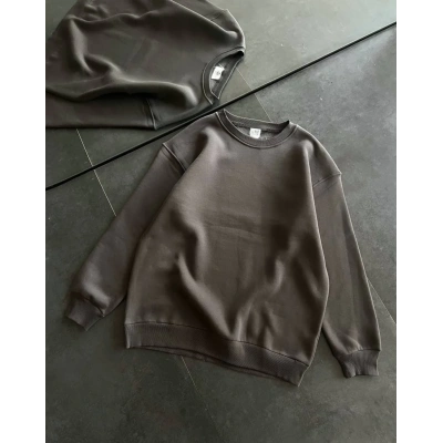 Kadın Bisiklet Yaka 3 İplik Pamuklu Basic SweatShirt - Füme