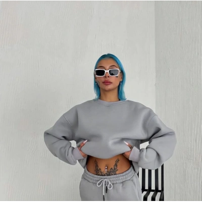 Kadın Bisiklet Yaka 3 İplik Pamuklu Basic SweatShirt - Gri