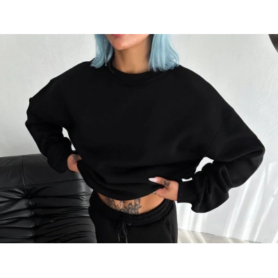 Kadın Bisiklet Yaka 3 İplik Pamuklu Basic SweatShirt - Siyah