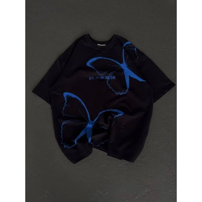 kadın Bisiklet Yaka Baskılı Oversize T-Shirt - Siyah