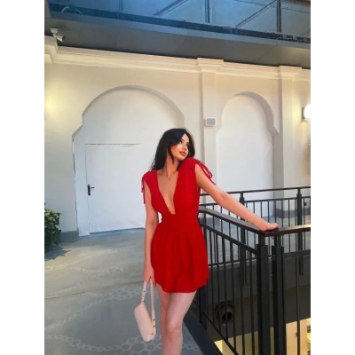 Kadın Omuzu ip Askılı Şortlu Elbise - Kırmızı
