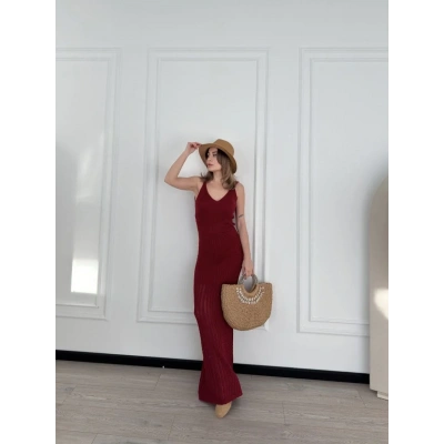 Kadın Örgülü Uzun Triko Elbise - Bordo