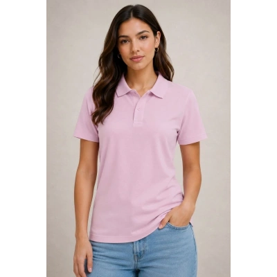 Kadın Polo Yaka Pike Kumaş Düğmeli Basic Tişört Günlük Rahat - Pembe