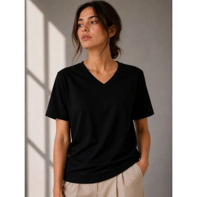 Kadın V Yaka Basic Tişört Kısa Kol Yazlık Regular Fit T-Shirt - Siyah