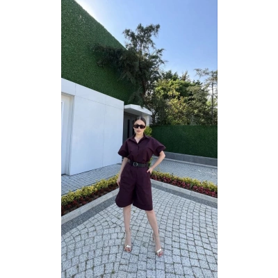 Kadın Yakalı Gömlek Kemerli Şortlu Alt-Üst Takım - Bordo