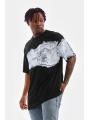 Erkek  Bisiklet Yaka Baskılı Oversize T-Shirt - Siyah