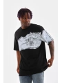 Erkek  Bisiklet Yaka Baskılı Oversize T-Shirt - Siyah