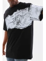 Erkek  Bisiklet Yaka Baskılı Oversize T-Shirt - Siyah