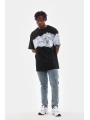 Erkek  Bisiklet Yaka Baskılı Oversize T-Shirt - Siyah
