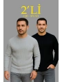 Erkek Fitilli Triko Kazak 2’li Set Siyah Gri Kalın Dokuma Pamuklu Regular Fit Bisiklet