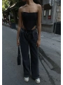 Kadın Arkadan Yırtmaçlı Jeans Kot Palazzo Pantolon - Siyah