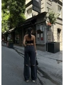 Kadın Arkadan Yırtmaçlı Jeans Kot Palazzo Pantolon - Siyah