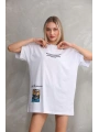 kadın Bisiklet Yaka Baskılı Oversize T-Shirt - Beyaz