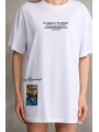 kadın Bisiklet Yaka Baskılı Oversize T-Shirt - Beyaz