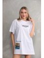 kadın Bisiklet Yaka Baskılı Oversize T-Shirt - Beyaz