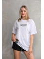 kadın Bisiklet Yaka Baskılı Oversize T-Shirt - Beyaz