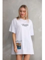 kadın Bisiklet Yaka Baskılı Oversize T-Shirt - Beyaz