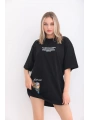 kadın  Bisiklet Yaka Baskılı Oversize T-Shirt - Siyah