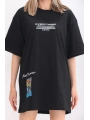 kadın  Bisiklet Yaka Baskılı Oversize T-Shirt - Siyah