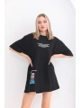 kadın  Bisiklet Yaka Baskılı Oversize T-Shirt - Siyah