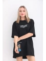 kadın  Bisiklet Yaka Baskılı Oversize T-Shirt - Siyah