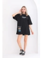kadın  Bisiklet Yaka Baskılı Oversize T-Shirt - Siyah