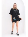 kadın  Bisiklet Yaka Baskılı Oversize T-Shirt - Siyah