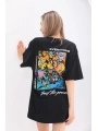 kadın  Bisiklet Yaka Baskılı Oversize T-Shirt - Siyah
