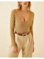 Kadın Fitilli Likralı Body Crop - Camel