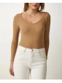 Kadın Fitilli Likralı Body Crop - Camel