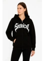 Kadın Kapüşonlu 3 İplik Şardonlu Önü Baskılı Fermuarlı Oversize Sweatshirt - Siyah