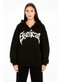 Kadın Kapüşonlu 3 İplik Şardonlu Önü Baskılı Fermuarlı Oversize Sweatshirt - Siyah