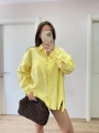 Kadın Oversize Pens Detaylı Cepli Yırtmaçlı Rahat Kalıp Poplin Gömlek - Sarı