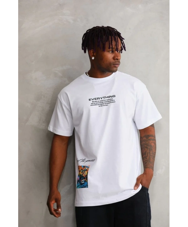 Erkek Bisiklet Yaka Baskılı Oversize T-Shirt - Beyaz