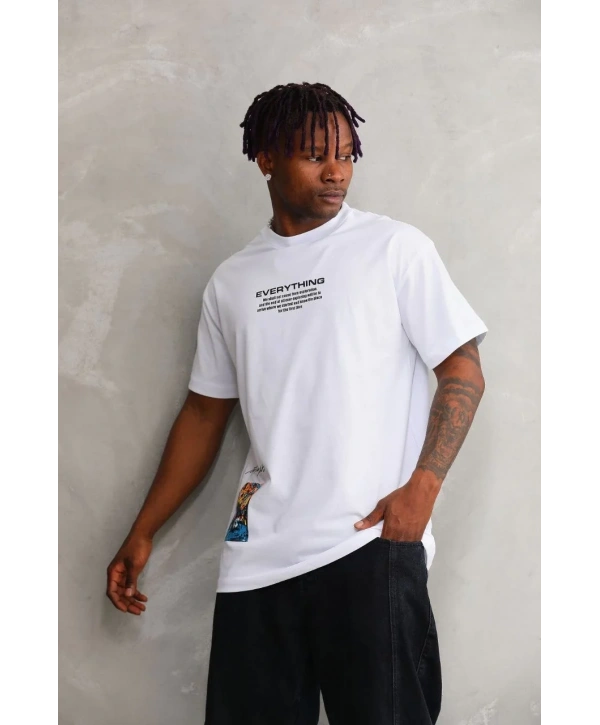 Erkek Bisiklet Yaka Baskılı Oversize T-Shirt - Beyaz